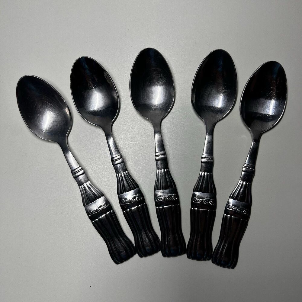 Lot of 5 Vtg Gibson Coca Cola Stainless Steel Teaspoons Spoons Coke Bottle 6"